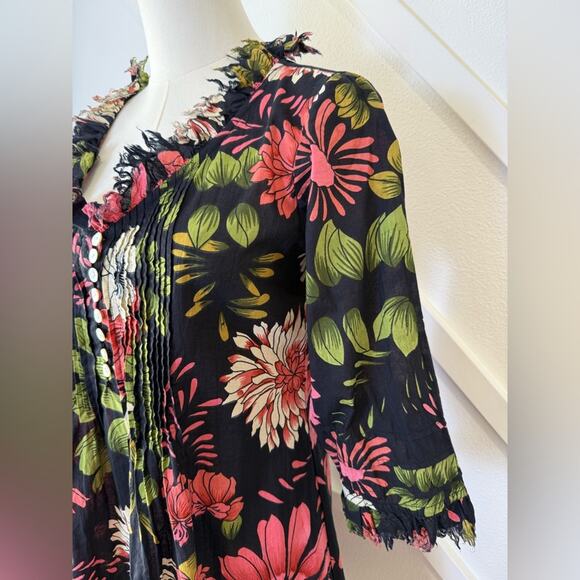 At Last… Annabel Cotton Kaftan Tunic Dress In Black Floral Size UK 8 US 4 - Picture 4 of 11